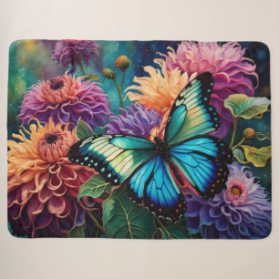Dahlias And Iridescent  Blue Green Butterfly Sherpa Blanket