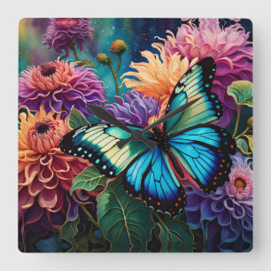 Dahlias And Iridescent Blue Green Butterfly Square Wall Clock