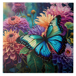 Dahlias And Iridescent  Blue Green Butterfly Tile