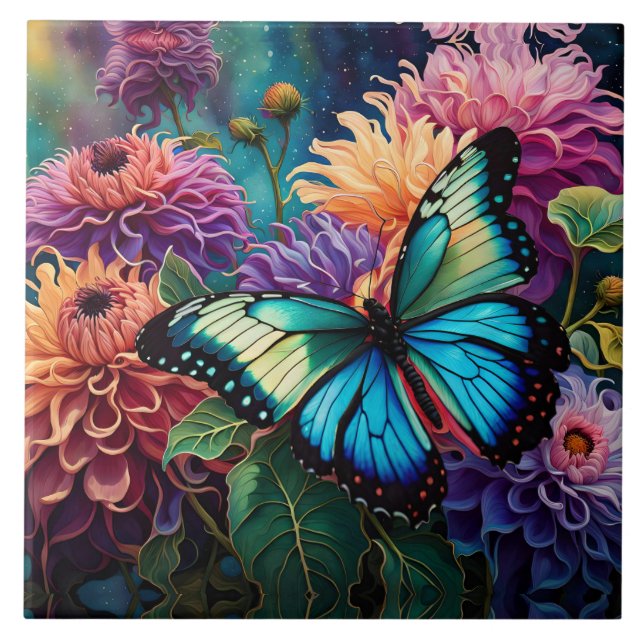 Dahlias And Iridescent  Blue Green Butterfly Tile (Front)