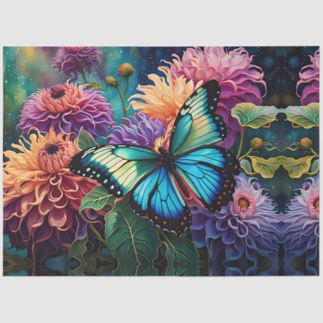 Dahlias And Iridescent  Blue Green Butterfly Tissue Paper (Front)