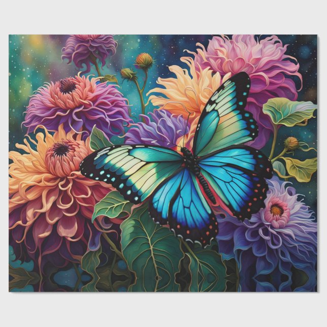 Dahlias And Iridescent  Blue Green Butterfly Wrapping Paper (Flat)