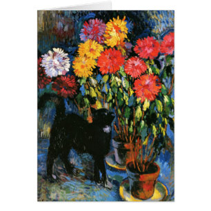 Dahlias et Chat noir, peinture d'art