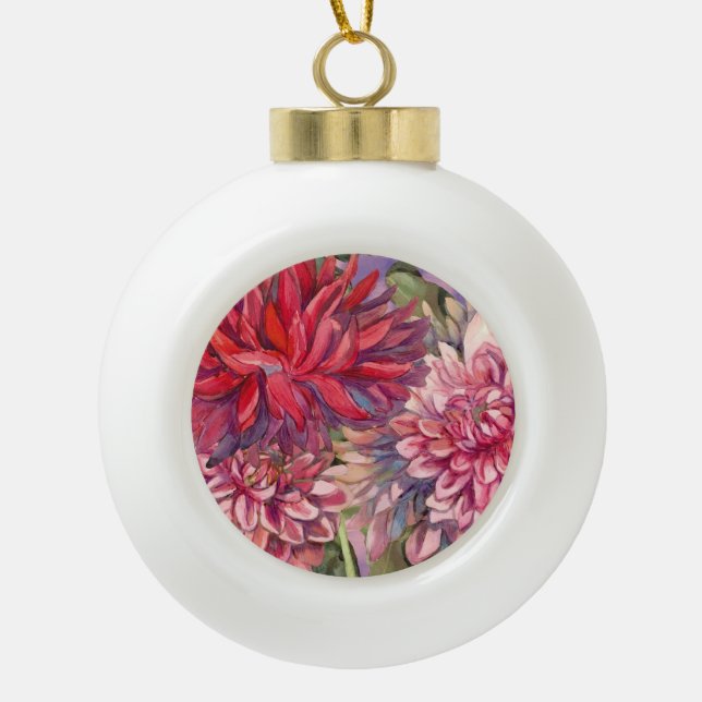 dahlias flowers ceramic ball christmas ornament (Front)