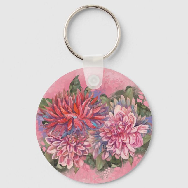 Dahlias flowers pink watercolor pattern keychain (Front)