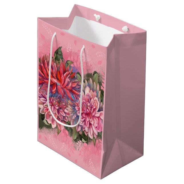 Dahlias flowers pink watercolor pattern medium gift bag (Front Angled)