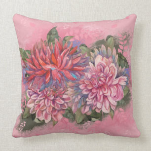 Dahlias flowers pink watercolor pattern throw pillow