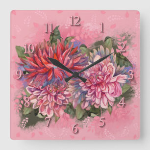 Dahlias flowers pink watercolor square wall clock