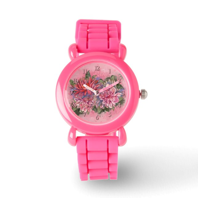 Dahlias flowers pink watercolor watch (Front)