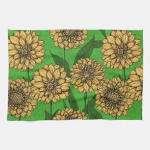Dahlias in yellow and green kitchen towel