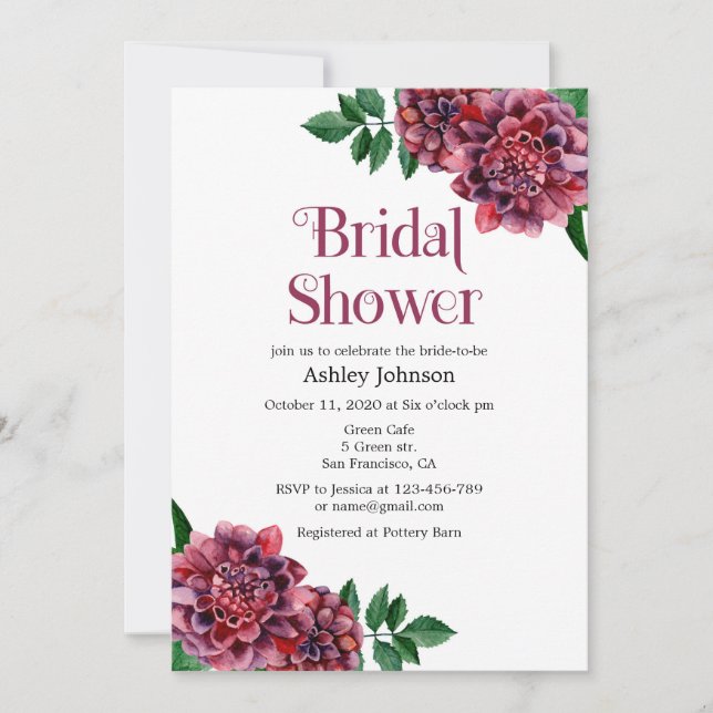 Dahlias nuptiale invitation de douche. Invitations (Devant)