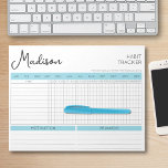 Daily Habit Tracker Motivational Blue Script Name  Notepad<br><div class="desc">Create a habit list to build good habits & healthy lifestyle with this custom habit tracker. Personalize with name and your own quote at the bottom, or keep the motivational quote currently there. How does it work? Circle the month your tracking, write the habits you're working on, then check off...</div>