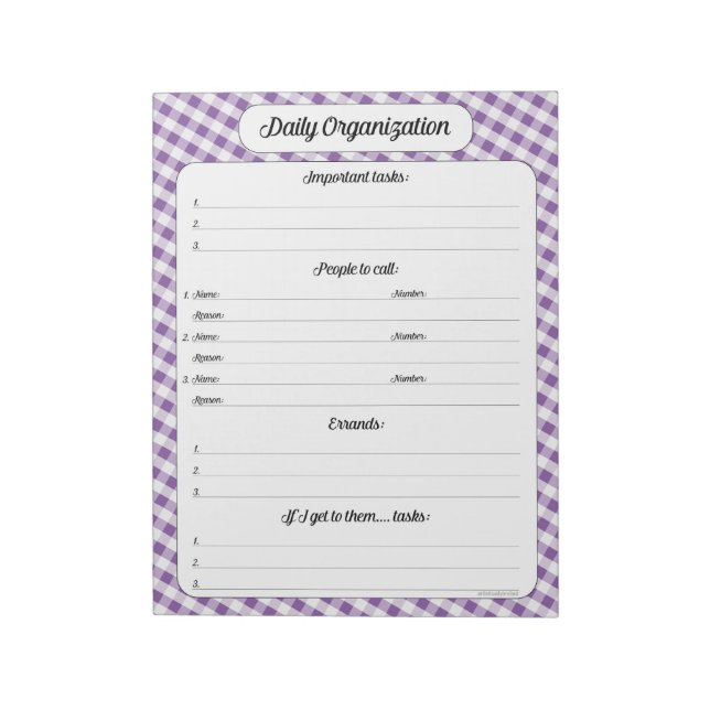 Daily Organization - Purple Gingham Notepad (Rotated)