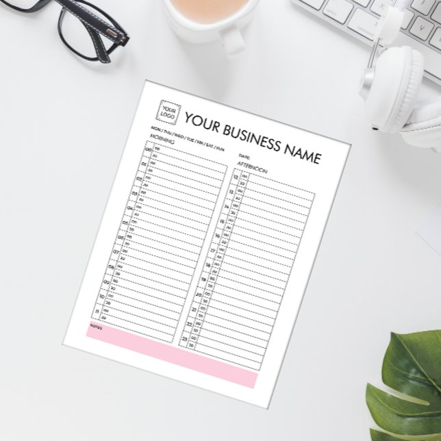 DAILY PLANNER 30 MINUTES INTERVAL ADD YOUR LOGO NOTEPAD (Pink white black daily planner with your logo and 30 minutes time slots)