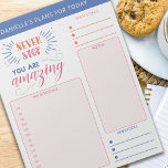Daily Planner Goals Notes Reminders and Quote<br><div class="desc">Personalized Daily Planner in bright bold colours with sections for your schedule,  notes,  goals and reminders. It is lettered with a motivational quote .. "never stop .. you are amazing". This tear away notepad is printed on each page to last you for 40 days.</div>
