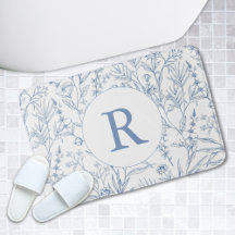 Dainty Blue & White Floral Monogram Bath Mat