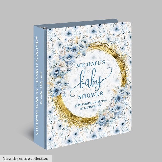 Dainty boho dusty blue flowers gold baby shower binder (Dainty dusty blue flowers gold baby shower ring binder)