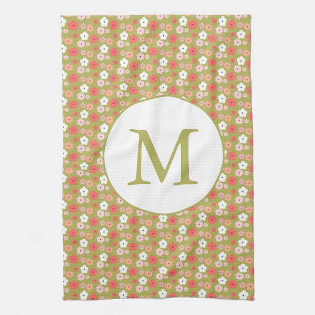 Dainty Boho Woodland Floral Pattern Green Monogram Kitchen Towel (Vertical)