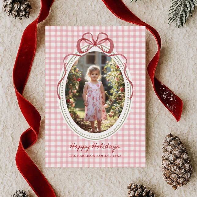 Dainty Bow Frame Gingham Christmas Photo Holiday Card (Creator Uploaded)