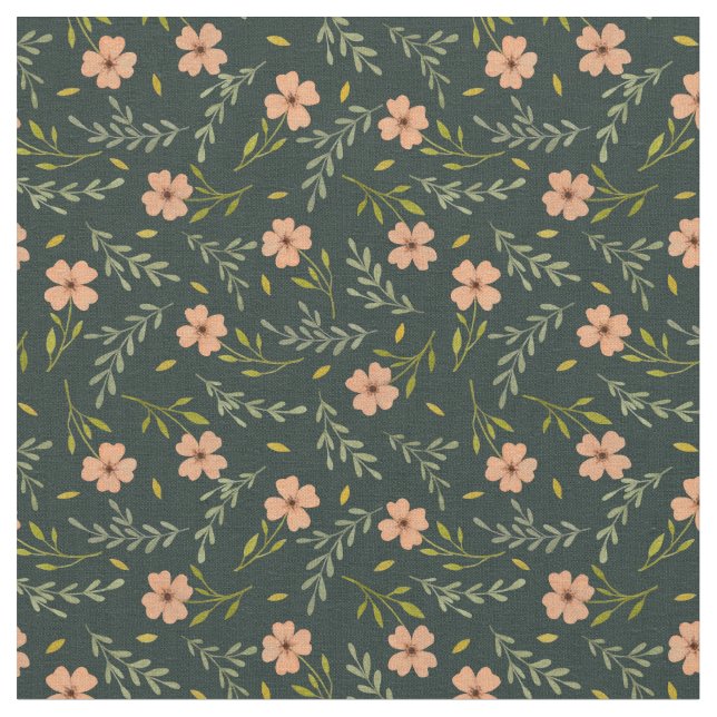  Dainty Ditsy Watercolor Floral Dark Green Pattern Fabric (Close Up)