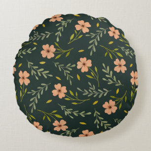 Dainty Ditsy Watercolor Floral Dark Green Pattern Round Pillow