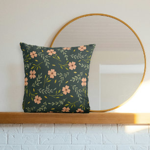 Dainty Ditsy Watercolor Floral Dark Green Pattern Throw Pillow