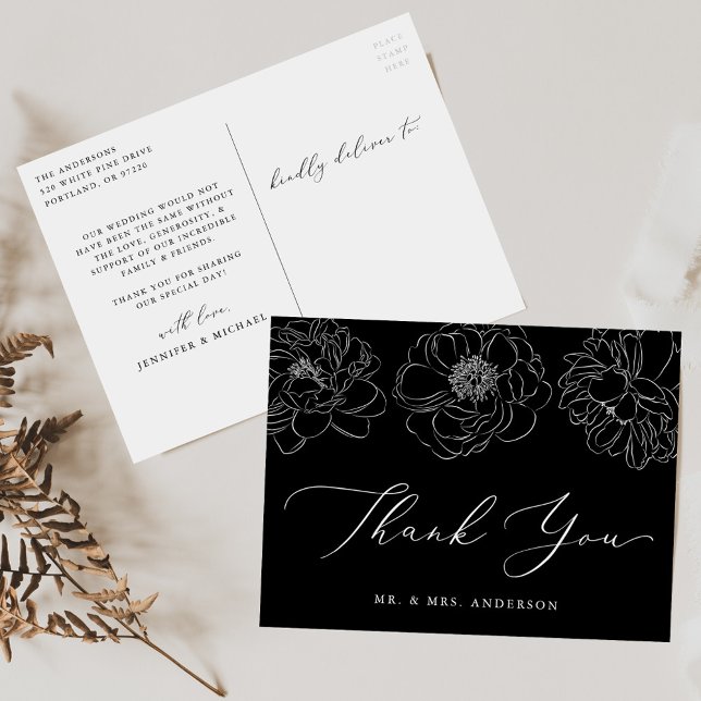 Dainty Floral Black and White Wedding Thank You Postcard (Creator Uploaded)
