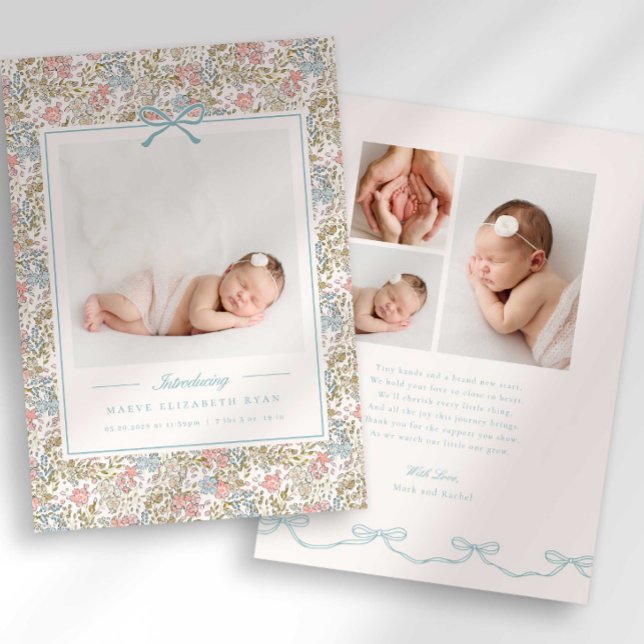 Dainty Floral Bow Photo Birth Announcement (Creator Uploaded)