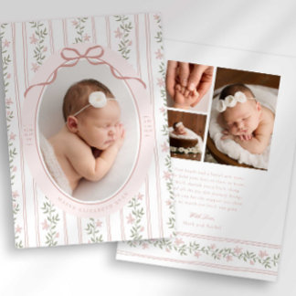 Dainty Floral Bow Photo Birth Announcement