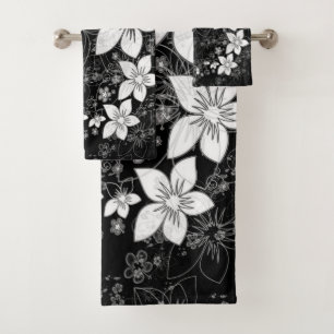 Dainty Floral Scroll on Black Bath Towel Set