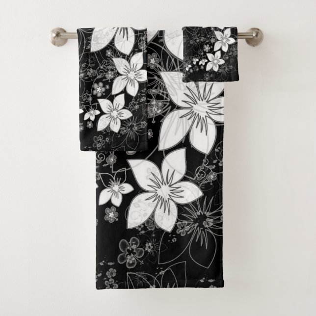 Dainty Floral Scroll on Black Bath Towel Set (Insitu)