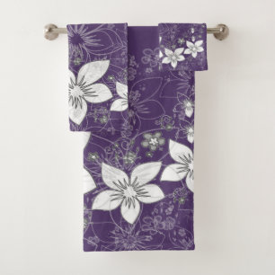 Dainty Floral Scroll on Plum  Bath Towel Set