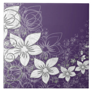 Dainty Floral Scroll on Plum Ceramic Tile