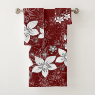 Dainty Floral Scroll on Red Bath Towel Set