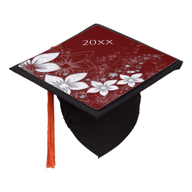 Dainty Floral Scroll on Red Graduation Cap Topper (Angled)