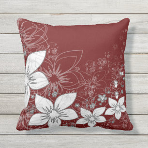Dainty Floral Scroll on Red Outdoor Pillow