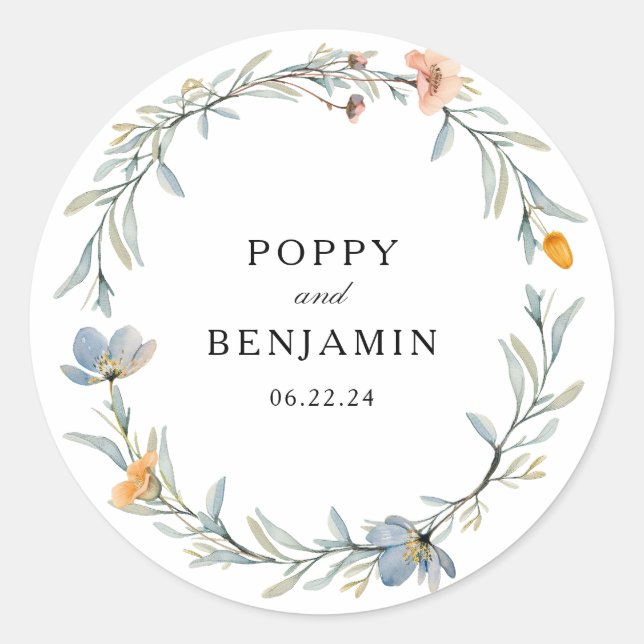 Dainty Floral Wildflower Wreath Wedding Classic Round Sticker (Front)