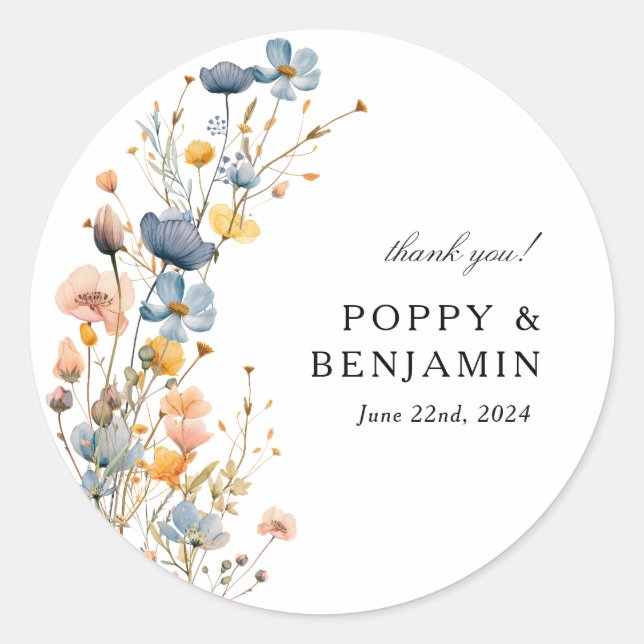 Dainty Floral Wildflower Wreath Wedding Classic Round Sticker (Front)