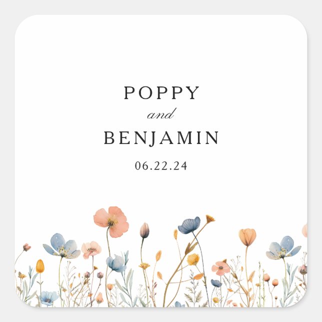 Dainty Floral Wildflower Wreath Wedding Square Sticker (Front)