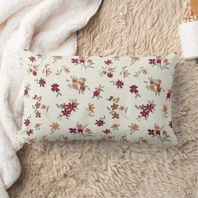 Dainty Gold Maroon Floral Pattern Lumbar Pillow (Blanket)