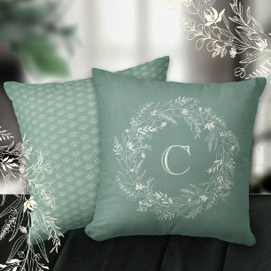 Dainty green leafy circle letter C Throw Pillow