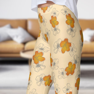 Dainty Moccasin White Triple Bloom Floral Pattern Leggings