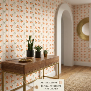 Dainty Orange Floral Pinstripe Cream Wallpaper