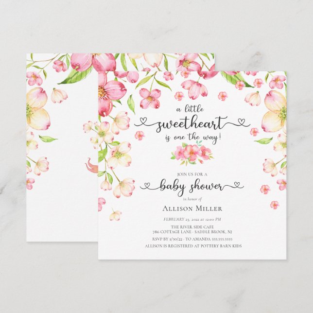 Dainty Pink Floral Sweetheart Baby Shower Invitati Invitation (Front/Back)