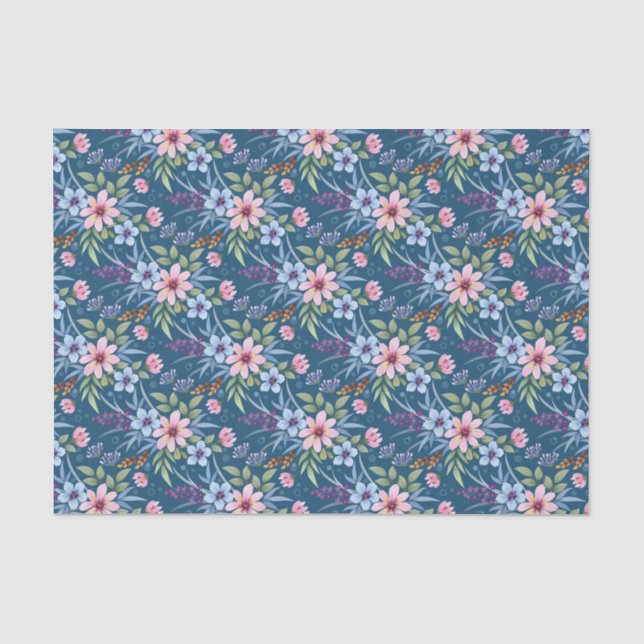 Dainty Pink Flowers on Blue Decoupage Tissue Paper (Front)