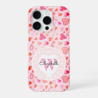 Dainty Pink Heart Pattern & Monogram White Heart