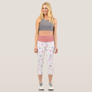 Dainty Pink Purple Flowers Yoga Exercise Capri Leggings