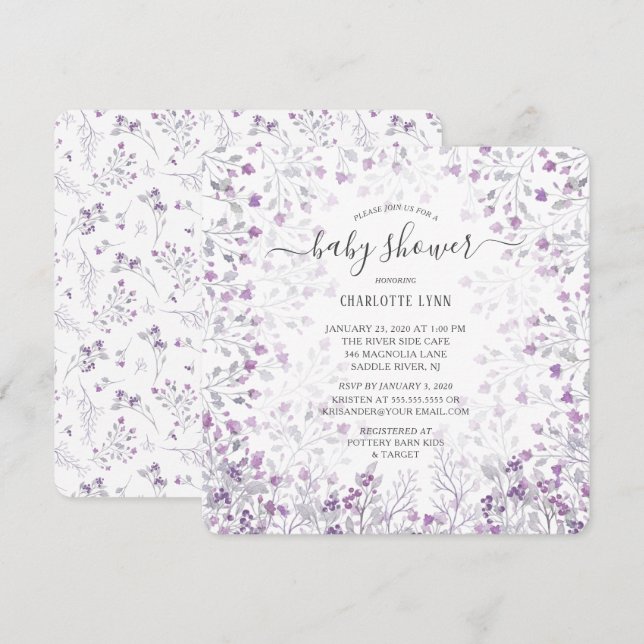 Dainty Purple Watercolor Flowers Girls Baby Shower Invitation (Front/Back)