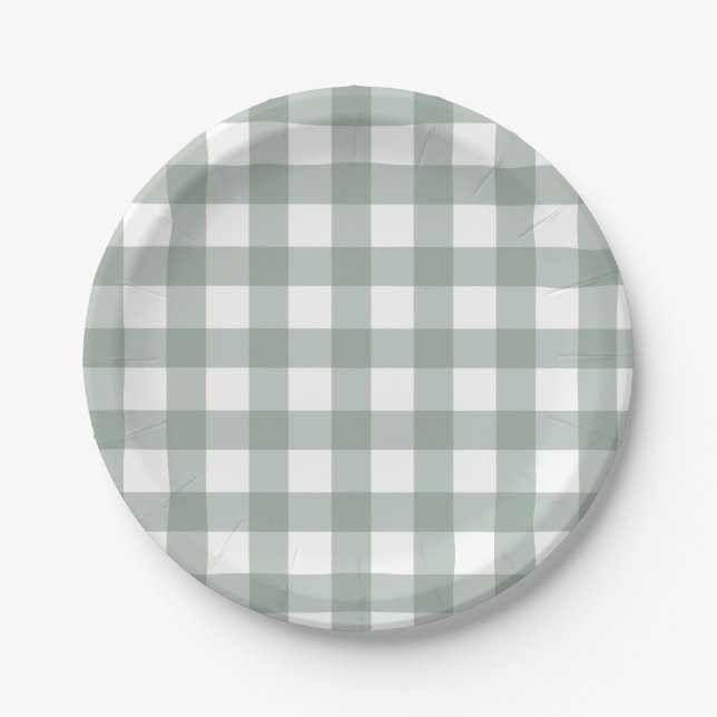 Dainty Sage Green and White Buffalo Check Paper Plate (Front)