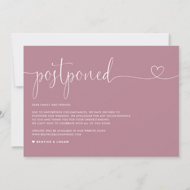 Dainty Script Mauve Wedding Postponement Announcement (Front)